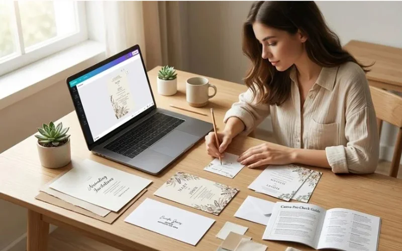 Bride working on a DIY wedding invitation design with craft supplies and a home printer