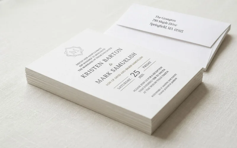 Stack of beautifully printed affordable wedding invitations with coordinating envelopes